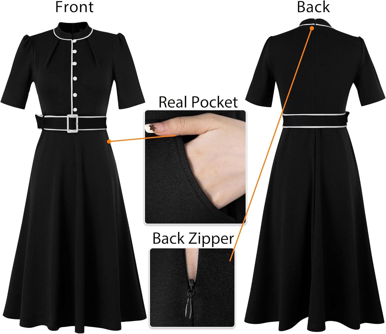imageVFSHOW Womens 2024 Business Work Office Pockets Belted Buttons Elegant Fit and Flare ALine DressBlackwhite Piping