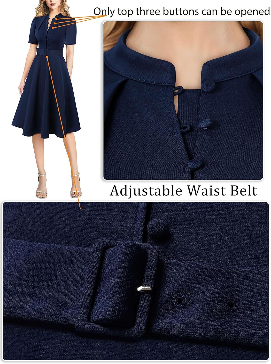 imageVFSHOW Womens 2024 Business Work Office Pockets Belted Buttons Elegant Fit and Flare ALine DressDark Blueb