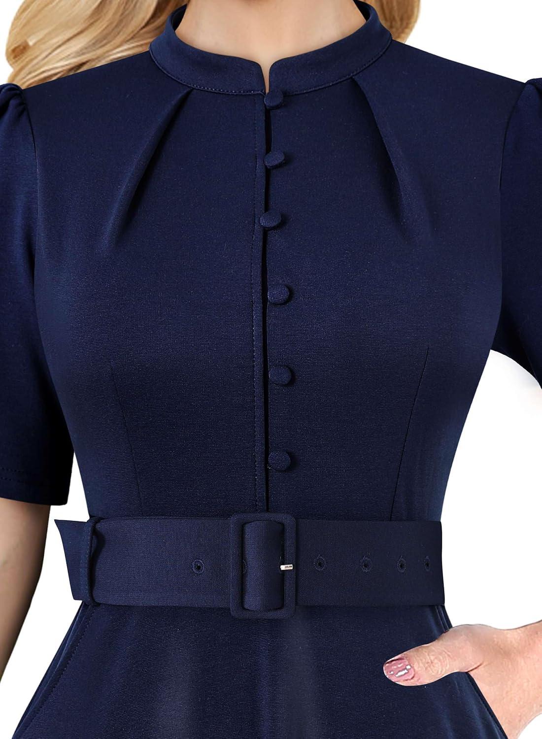 imageVFSHOW Womens 2024 Business Work Office Pockets Belted Buttons Elegant Fit and Flare ALine DressDark Blueb