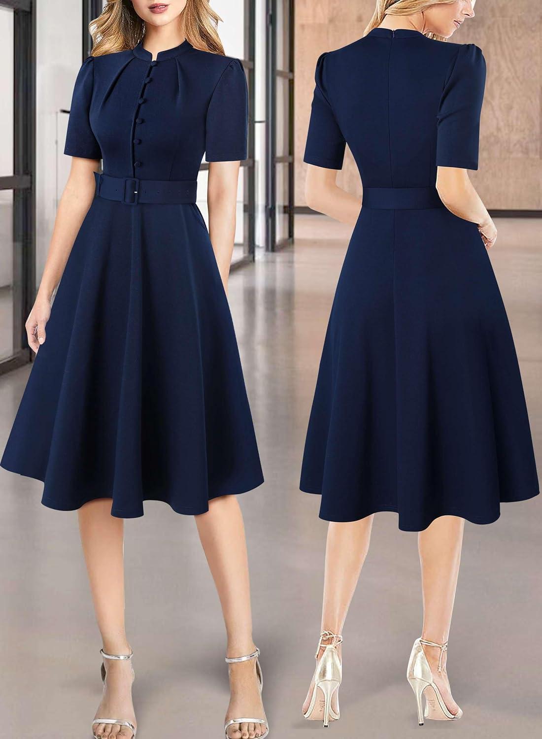 imageVFSHOW Womens 2024 Business Work Office Pockets Belted Buttons Elegant Fit and Flare ALine DressDark Blueb