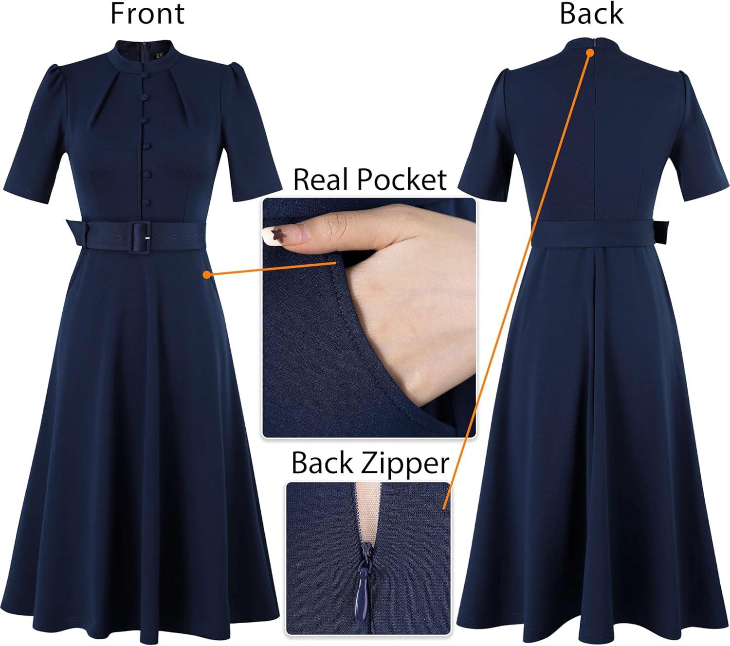 imageVFSHOW Womens 2024 Business Work Office Pockets Belted Buttons Elegant Fit and Flare ALine DressDark Blueb