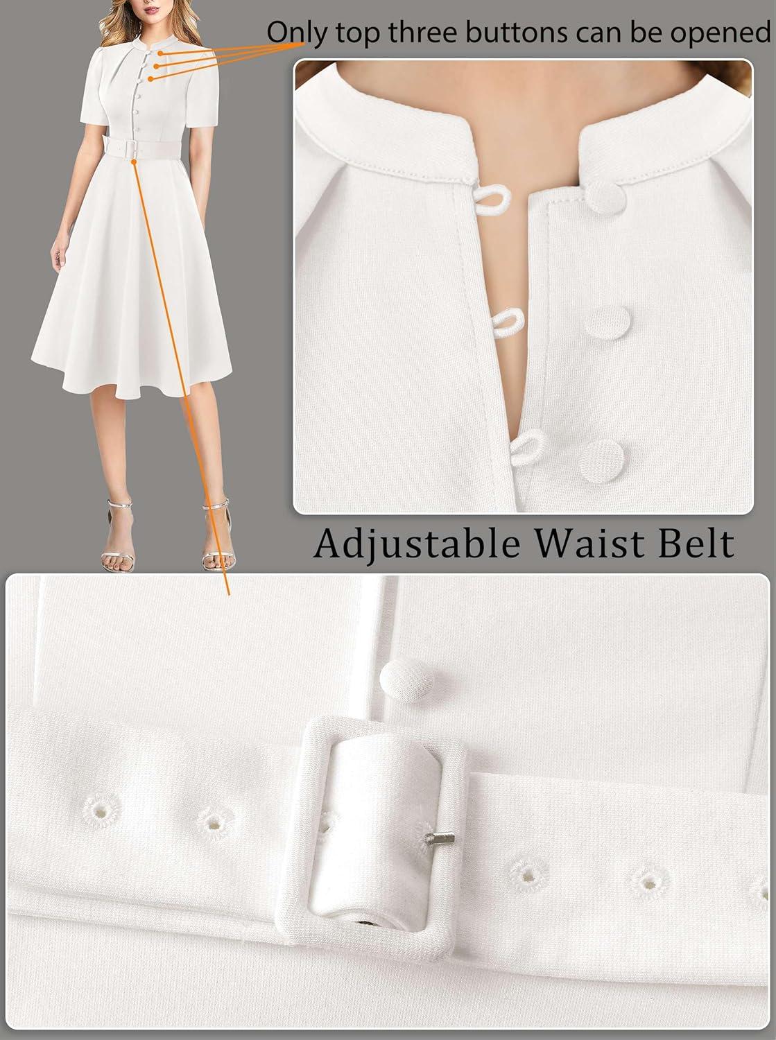 imageVFSHOW Womens 2024 Business Work Office Pockets Belted Buttons Elegant Fit and Flare ALine DressOffwhite