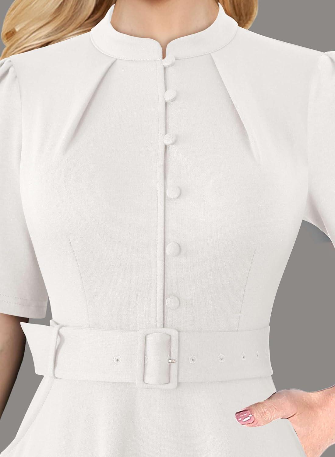 imageVFSHOW Womens 2024 Business Work Office Pockets Belted Buttons Elegant Fit and Flare ALine DressOffwhite