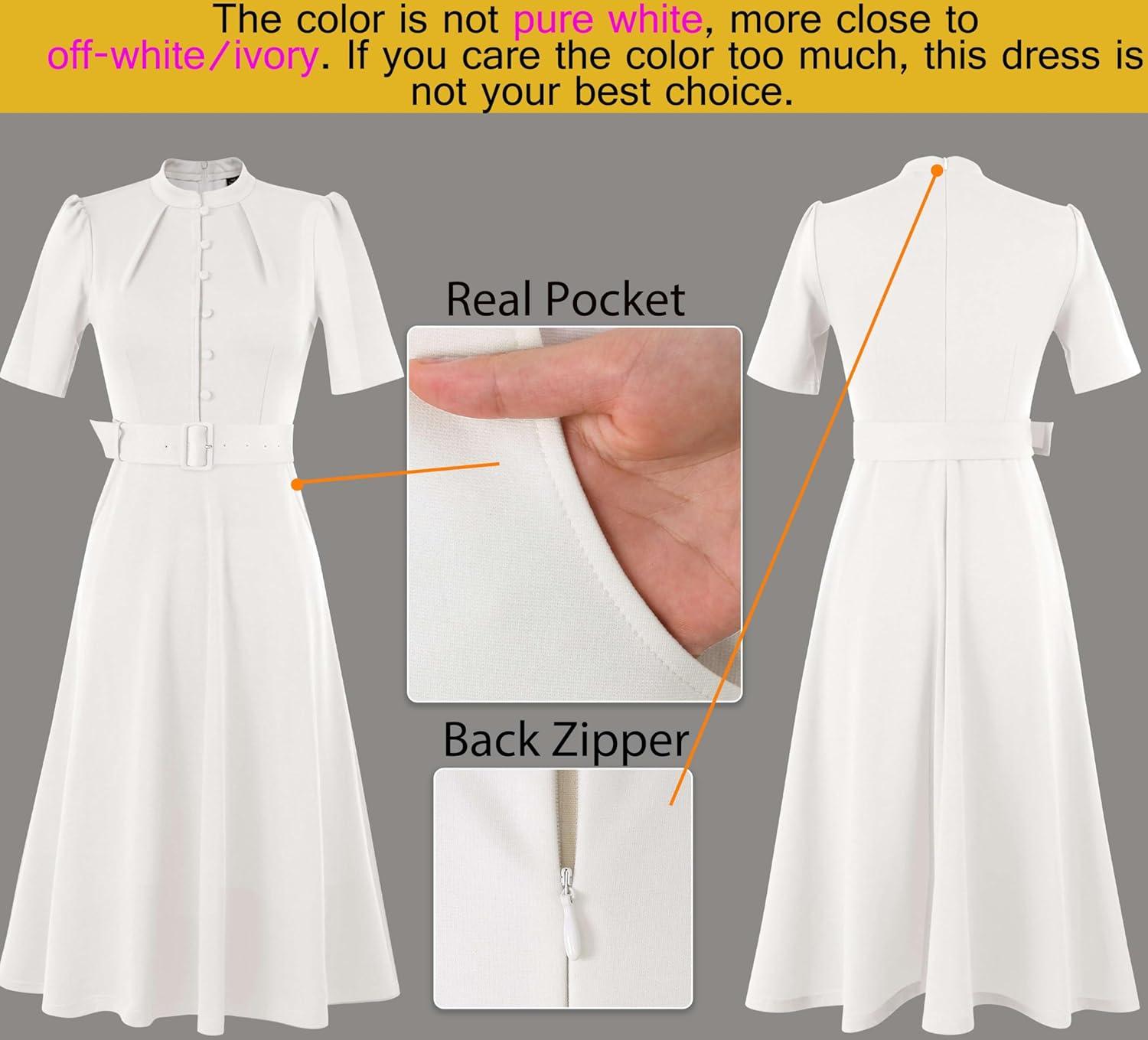 imageVFSHOW Womens 2024 Business Work Office Pockets Belted Buttons Elegant Fit and Flare ALine DressOffwhite