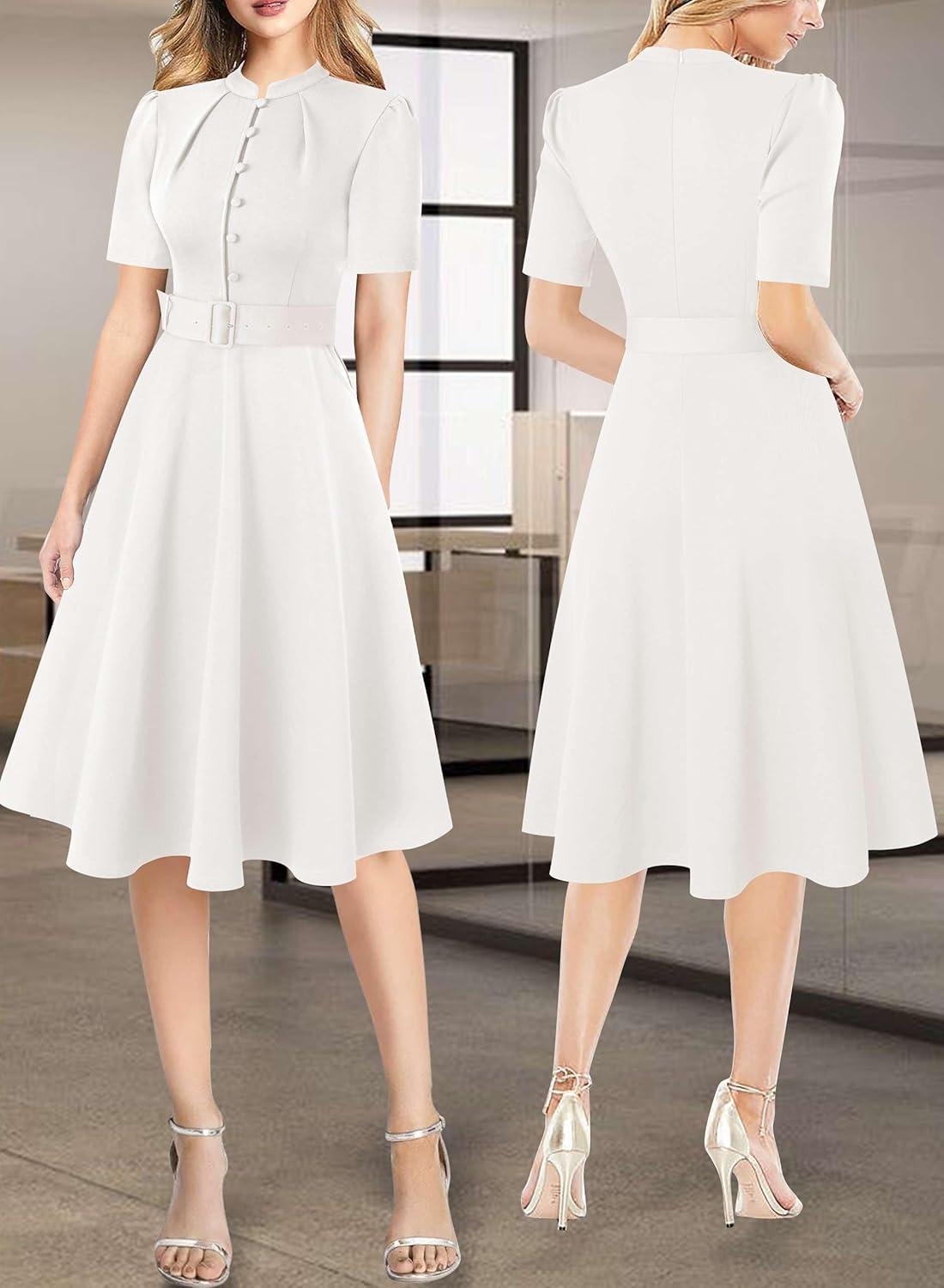imageVFSHOW Womens 2024 Business Work Office Pockets Belted Buttons Elegant Fit and Flare ALine DressOffwhite