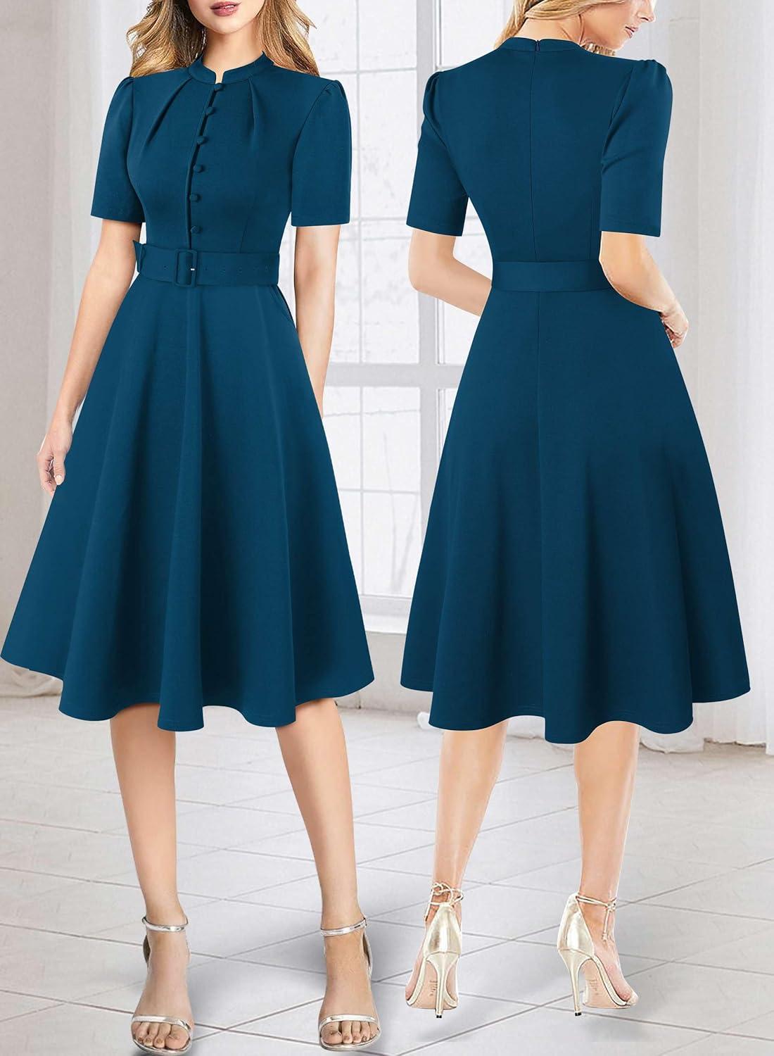 imageVFSHOW Womens 2024 Business Work Office Pockets Belted Buttons Elegant Fit and Flare ALine DressPeacock Blue