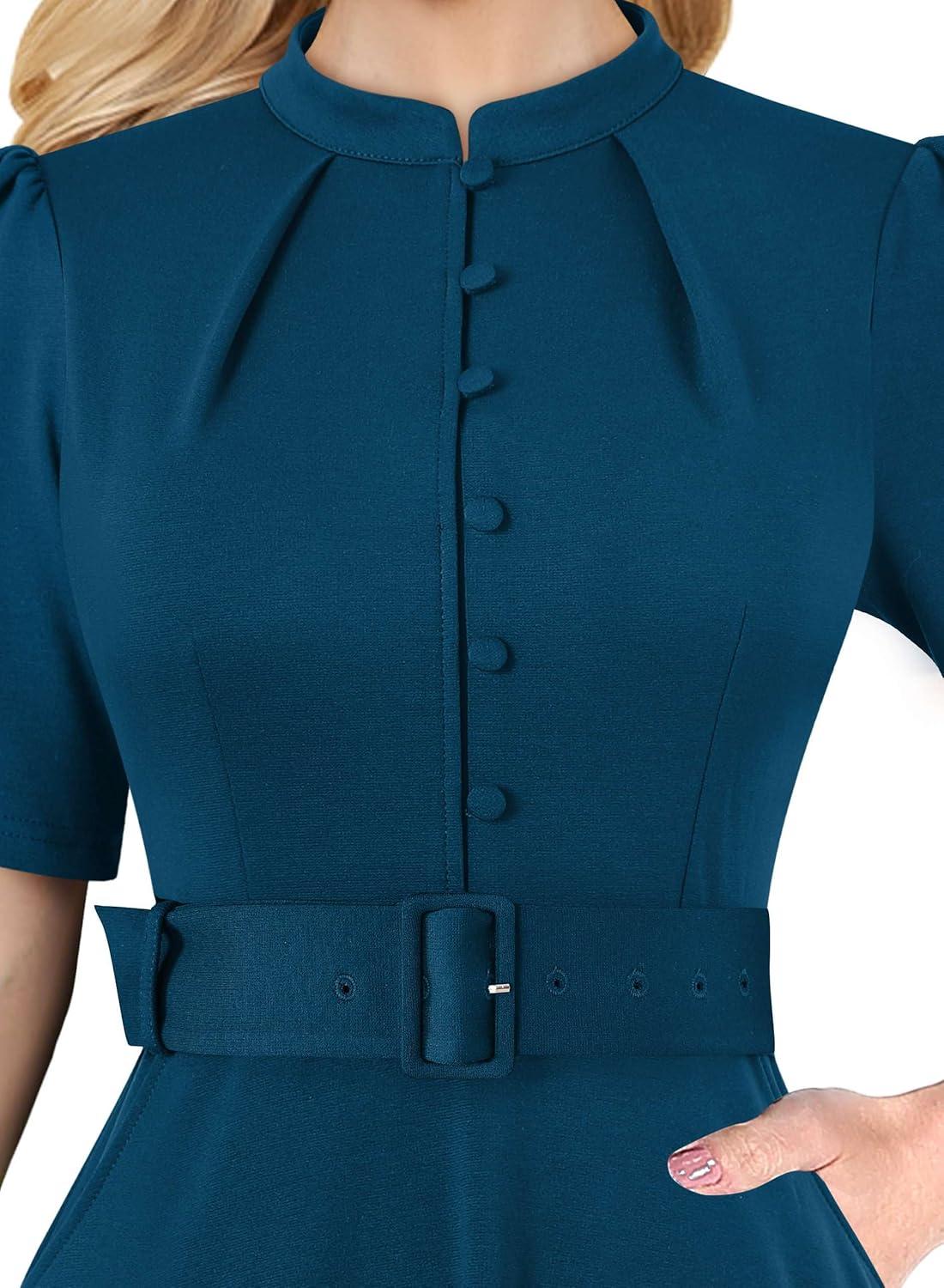 imageVFSHOW Womens 2024 Business Work Office Pockets Belted Buttons Elegant Fit and Flare ALine DressPeacock Blue