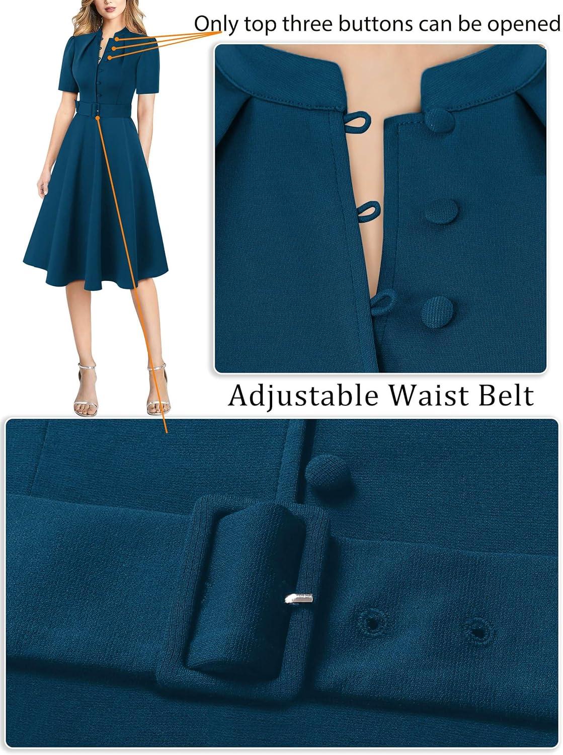 imageVFSHOW Womens 2024 Business Work Office Pockets Belted Buttons Elegant Fit and Flare ALine DressPeacock Blue