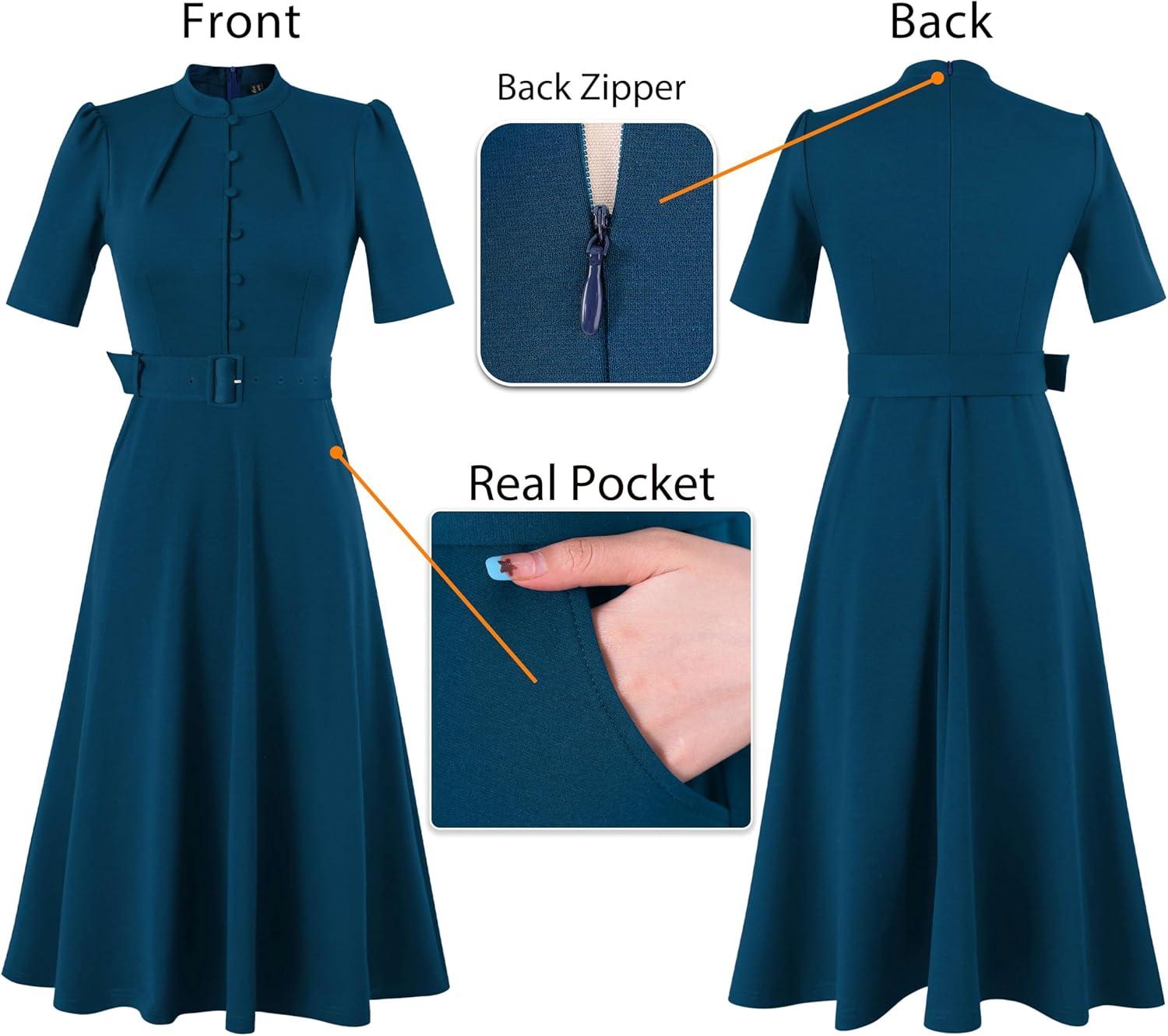 imageVFSHOW Womens 2024 Business Work Office Pockets Belted Buttons Elegant Fit and Flare ALine DressPeacock Blue