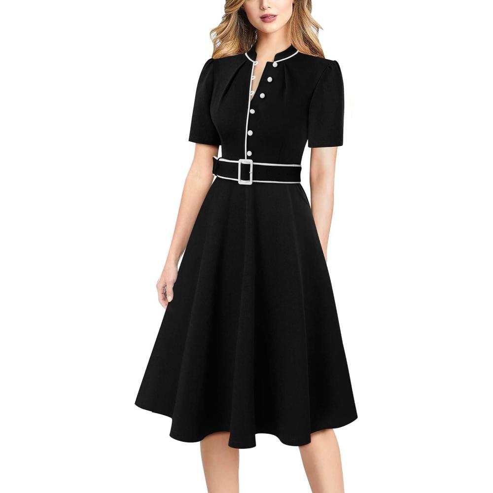 imageVFSHOW Womens 2024 Business Work Office Pockets Belted Buttons Elegant Fit and Flare ALine DressBlackwhite Piping