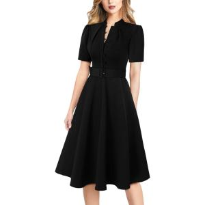 imageVFSHOW Womens 2024 Business Work Office Pockets Belted Buttons Elegant Fit and Flare ALine DressBlackb