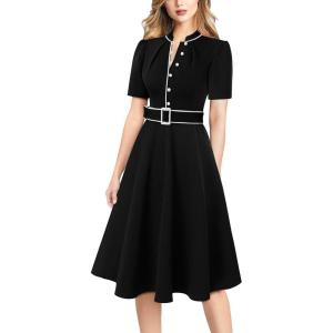 imageVFSHOW Womens 2024 Business Work Office Pockets Belted Buttons Elegant Fit and Flare ALine DressBlackwhite Piping