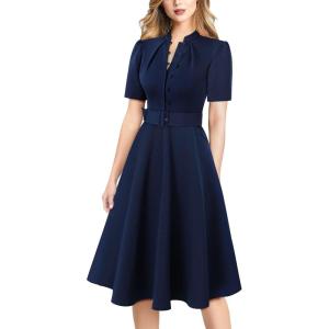 imageVFSHOW Womens 2024 Business Work Office Pockets Belted Buttons Elegant Fit and Flare ALine DressDark Blueb
