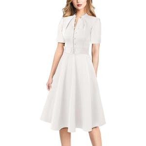imageVFSHOW Womens 2024 Business Work Office Pockets Belted Buttons Elegant Fit and Flare ALine DressOffwhite