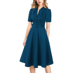 imageVFSHOW Womens 2024 Business Work Office Pockets Belted Buttons Elegant Fit and Flare ALine DressPeacock Blue