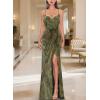 imageVFSHOW Womens Sexy Formal Ruched Fitted High Slit Bodycon Maxi Dress Spaghetti Strap Sweetheart Cocktail Prom Evening GownGreen and Velvet Floral