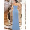 imageVFSHOW Womens Sexy Formal Ruched Fitted High Slit Bodycon Maxi Dress Spaghetti Strap Sweetheart Cocktail Prom Evening GownSparkly Dusty Blue