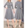 imageVFSHOW Womens 2024 Business Work Office Collar V Neck Bow Belted Pockets Buttons Slim Vintage Fit and Flare A Line DressBlue Tweed