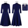 imageVFSHOW Womens 2024 Business Work Office Collar V Neck Bow Belted Pockets Buttons Slim Vintage Fit and Flare A Line DressNavy Blue