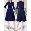 imageVFSHOW Womens 2024 Business Work Office Collar V Neck Bow Belted Pockets Buttons Slim Vintage Fit and Flare A Line DressNavy Blue