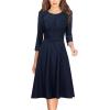 imageVFSHOW Womens Front Zipper Crisscross Waist Slim Wear to Work Business Office Fit and Flare ALine DressDark Blue and White Stripe