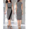 imageVFSHOW Womens Pleated Crew Neck Front Split Work Business Office Party Bodycon Pencil Sheath DressBlack Tweed and Black