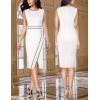 imageVFSHOW Womens Pleated Crew Neck Front Split Work Business Office Party Bodycon Pencil Sheath DressOff Whiteblack Piping
