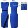 imageVFSHOW Womens Pleated Crew Neck Front Split Work Business Office Party Bodycon Pencil Sheath DressRoyal Blue and Black