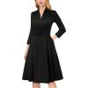 imageVFSHOW Womens 2024 Business Work Office Collar V Neck Bow Belted Pockets Buttons Slim Vintage Fit and Flare A Line DressBlack