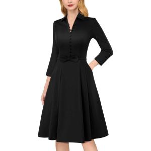 imageVFSHOW Womens 2024 Business Work Office Collar V Neck Bow Belted Pockets Buttons Slim Vintage Fit and Flare A Line DressBlack