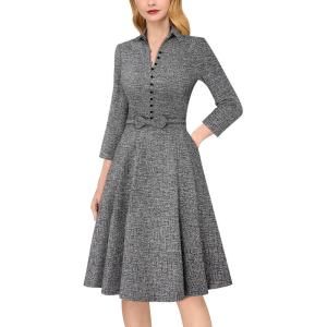 imageVFSHOW Womens 2024 Business Work Office Collar V Neck Bow Belted Pockets Buttons Slim Vintage Fit and Flare A Line DressBlack Tweed