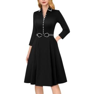 imageVFSHOW Womens 2024 Business Work Office Collar V Neck Bow Belted Pockets Buttons Slim Vintage Fit and Flare A Line DressBlackwhite Piping