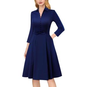 imageVFSHOW Womens 2024 Business Work Office Collar V Neck Bow Belted Pockets Buttons Slim Vintage Fit and Flare A Line DressNavy Blue
