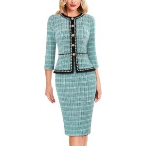 imageVFSHOW Womens 2024 Fall Winter Office Business Work Church Dresses Tweed Peplum Slimming Bodycon Pencil Sheath DressTeal Green Tweed