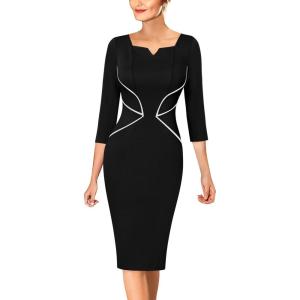 imageVFSHOW Womens Notch V Neck Office Business Work Slim Fit Sheath Pencil DressBlack  White Piping