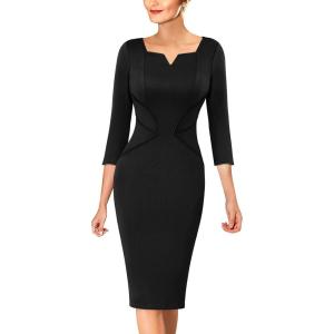 imageVFSHOW Womens Notch V Neck Office Business Work Slim Fit Sheath Pencil DressBlack