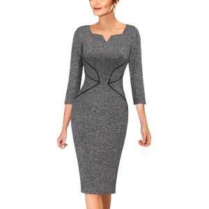 imageVFSHOW Womens Notch V Neck Office Business Work Slim Fit Sheath Pencil DressBlack Tweed