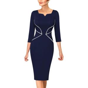 imageVFSHOW Womens Notch V Neck Office Business Work Slim Fit Sheath Pencil DressDark Blue  White Piping