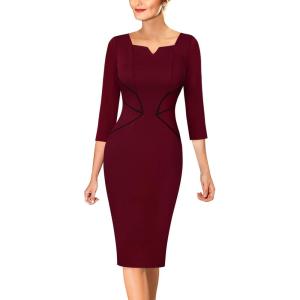 imageVFSHOW Womens Notch V Neck Office Business Work Slim Fit Sheath Pencil DressDark Red and Black Piping