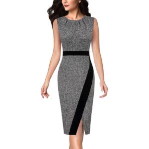 imageVFSHOW Womens Pleated Crew Neck Front Split Work Business Office Party Bodycon Pencil Sheath DressBlack Tweed and Black