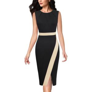 imageVFSHOW Womens Pleated Crew Neck Front Split Work Business Office Party Bodycon Pencil Sheath DressBlack and Beige
