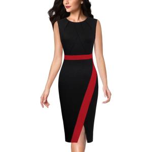 imageVFSHOW Womens Pleated Crew Neck Front Split Work Business Office Party Bodycon Pencil Sheath DressBlack and Red