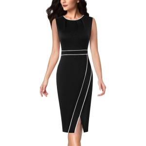 imageVFSHOW Womens Pleated Crew Neck Front Split Work Business Office Party Bodycon Pencil Sheath DressBlackwhite Piping