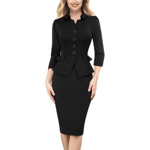 imageVFSHOW Womens Work Business Dresses Collared Notch Neck Office Buttons Peplum Slimming Sheath Pencil DressBlack