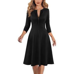 imageVFSHOW Womens Work Office Business Casual Church V Neck Zipper Elegant Interview Cocktail Fit and Flare A Line DressBlack