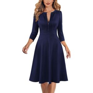 imageVFSHOW Womens Work Office Business Casual Church V Neck Zipper Elegant Interview Cocktail Fit and Flare A Line DressNavy Blue