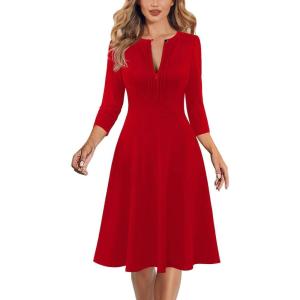 imageVFSHOW Womens Work Office Business Casual Church V Neck Zipper Elegant Interview Cocktail Fit and Flare A Line DressRed