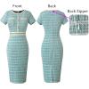 imageVFSHOW Womens Business Button Crew Neck Fitted Wear to Work Office Patchwork Pencil Sheath DressTeal Green Tweed