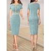 imageVFSHOW Womens Business Button Crew Neck Fitted Wear to Work Office Patchwork Pencil Sheath DressTeal Green Tweed