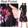 imageVFSHOW Womens Elegant Pockets Belted Work Business Office Casual Party Pleated ALine Midi DressBlackblack Mesh Fuchsia Floral Print